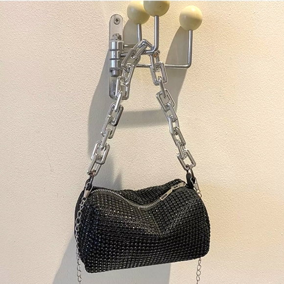 #R New Woman's Chain Rhinestone Mini Barrel Crossbody Purse Black Y2K Style - Picture 9 of 12